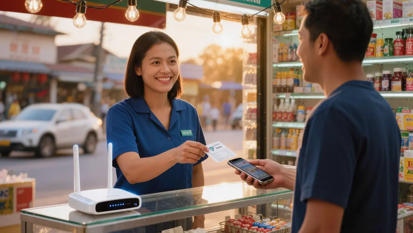 Store owner selling a NetVendo WiFi voucher to a customer at a sari-sari store