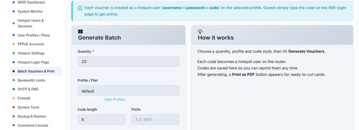 Generating a batch of WiFi vouchers in the NetVendo admin